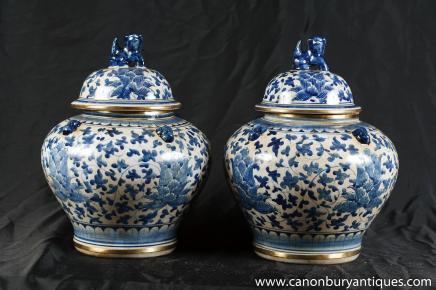 Paar Nanking Pottery Lidded Urnen Vasen Ginger Jar China Porzellan