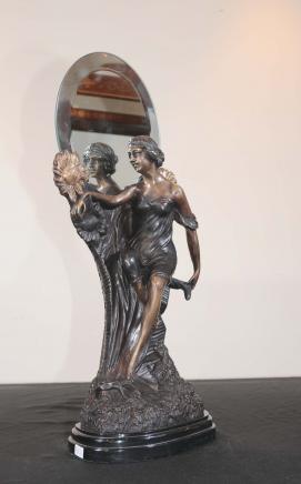 French Art Nouveau Bronze Figurine Mirror