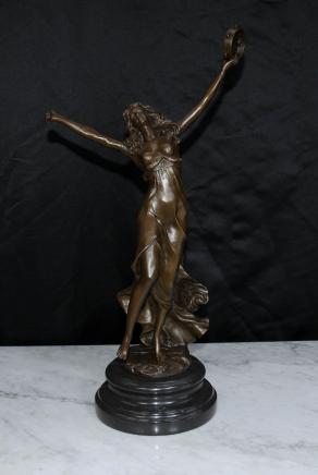 French Art Nouveau Bronze Female Figurine Tambourine Dancer