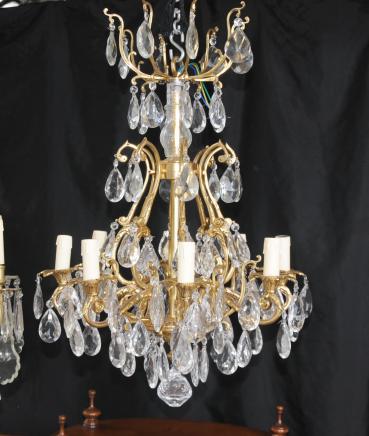 French Nouveau Ormolu Chandelier Cut Glass Light 