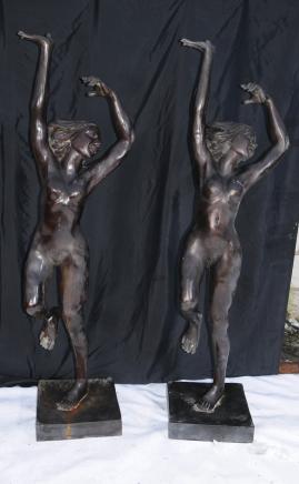 Pair Antique Bronze XL Female Art Nouveau Female Nude Statues Figurines