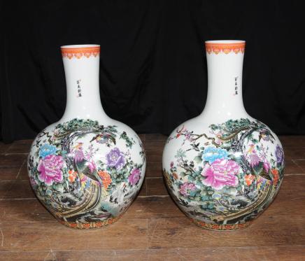 Pair Chinese Kangxi Porcelain Vases Pheasant Urns China Ceramic 