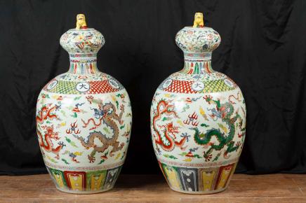 Pair Chinese Qianlong Porcelain Vases Urns Jars Pottery Ceramic 