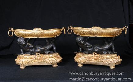 Pair French Bronze Ormolu Cherub Tazza Dishes Bowls Clodion 