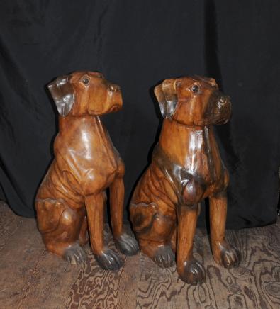 Pair Hand Carved Lifesize Wood Doberman Dogs Doggy Statue 