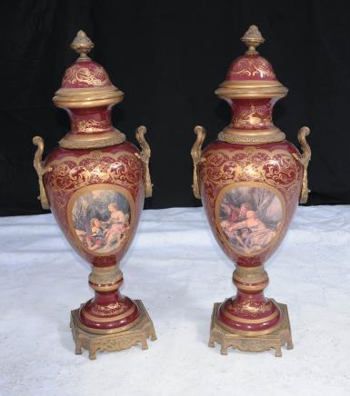 Pair Meissen Porcelain Urns Vases German Pottery Ormolu