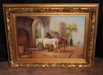 Signed Victorian Oil Painting Horse Equestrian Scene Gilt Frame 