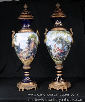 XL Pair German Dresden Porcelain Amphora Urns Vases 