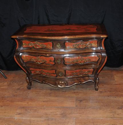 Antique français Lacquer Commode tiroirs Commode Bombe Chinoiserie 1900