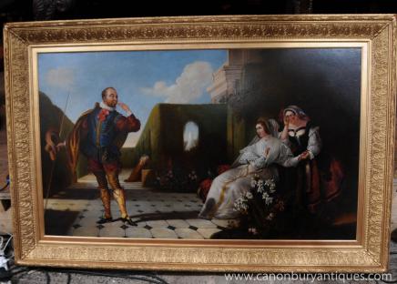 Antique Victorian Painting Oil Cour Portrait Jester Maidens 1860