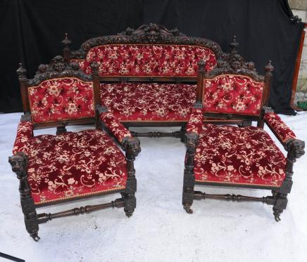Chêne antique sculpté Suite 3 pièces Bras Canapé Chaise victorienne anglaise