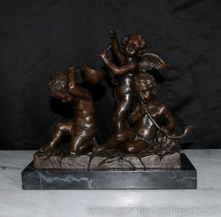Français Bronze Trio Castings Chérubins Chérubins Putti Signé Nick Statue