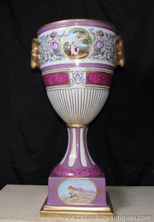 German Dresden Porcelain Urn Vase Rams Head Handles