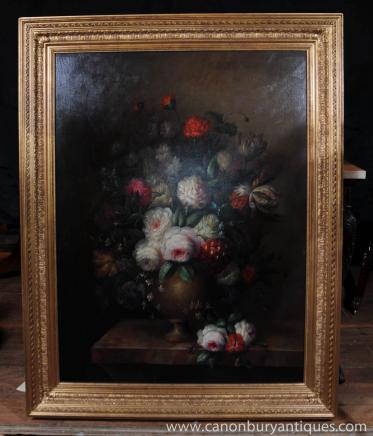 Grand Victorian Painting Oil Floral Still Gilt Frame vie