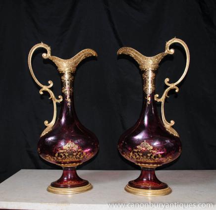Pair Cut Glass Empire Jugs Ewers Vases Urns French Glassware