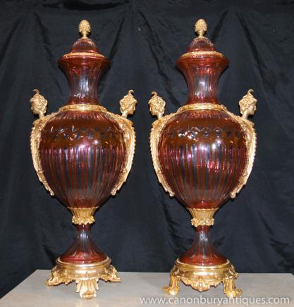 Pair French Empire Cut Glass Ormolu Vases Urns