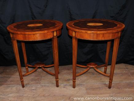 Pair Regency Sheraton Walnut Inlay Side Tables Cocktail Table