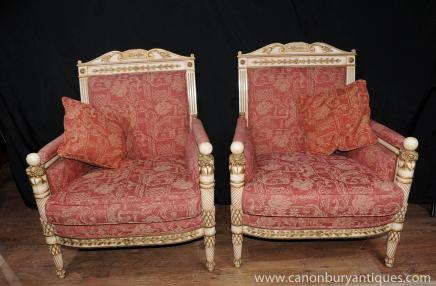 Paire Antique Empire français peint Fauteuils CanaPaire Antique Empire français peint Fauteuils Canapés Fauteilspés Fauteils