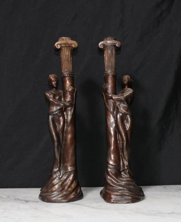 Paire Art Nouveau français Bougie Bronze Sticks Candélabres