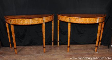 Paire Satinwood Regency Painted Table Salle Tables console
