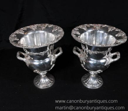 Paire victorienne Sheffield Argent Vin Champagne Plate Urnes Cooler Campana