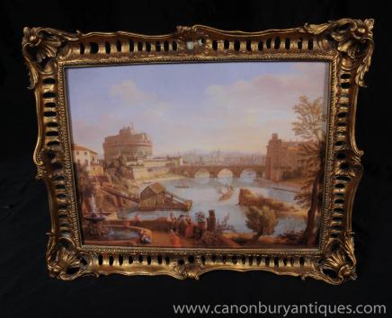 Paysage Huile Peinture italienne Rome Tibre Gilt Frame Art