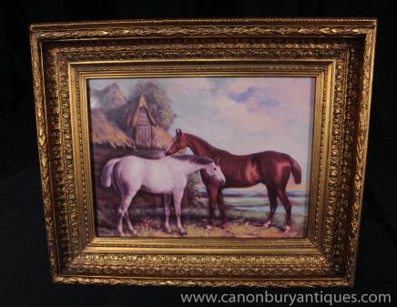 Victorian Oil Painting Pair Horses Pony Gilt Frame
