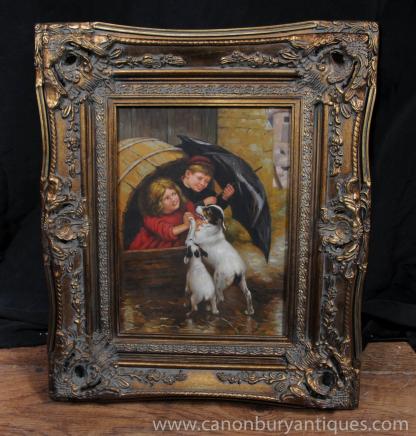 Victorian Oil Painting Portrait Children Puppies Gilt Frame