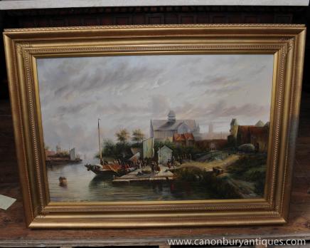Dutch Oil Painting Landscape Boat Rustic Scene Signed Gilt Frame