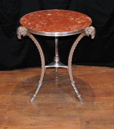 French Empire Silver Plate Side Cocktail Table Rams Head Marble Top