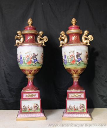 Large German Porcelain Cherub Urns Dresden Vase