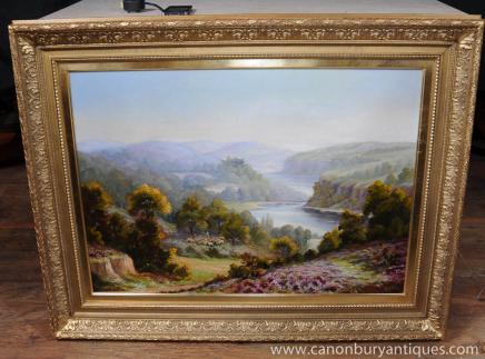 Large Romantic Oil Painting Victorian Signed Carlier Pastoral Landscape Gilt Frame