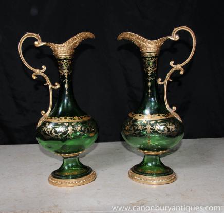 Pair Empire Glass Jugs Vases Painted Arabesque French Ormolu Fixtures