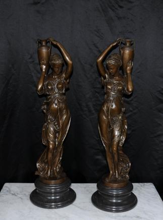 Pair French Bronze Female Urn Figurines Signed Carrier 