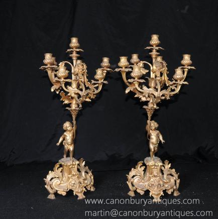 Pair French Ormolu Rococo Cherub Candelabras Candles Bronze 