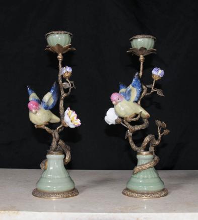 Pair French Porcelain Tropical Bird Candle Sticks Candelabra 