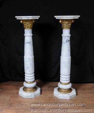 Pair Italian Marble Classic Column Table Pedestal Tables Supports 