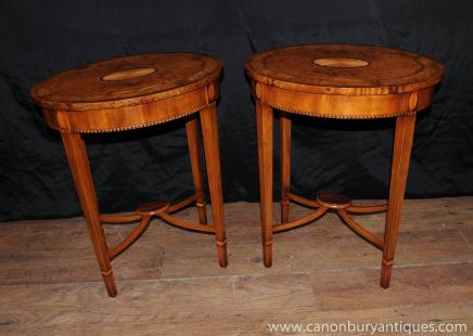Pair Walnut Sheraton Regency Inlay Side Tables Cocktail Tables 