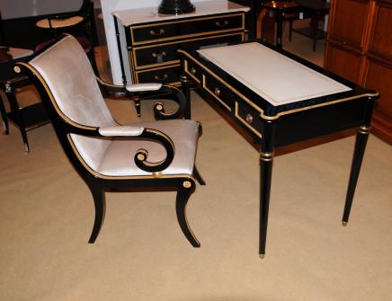 Regency Black Lacquer Writing Desk Chair Set 