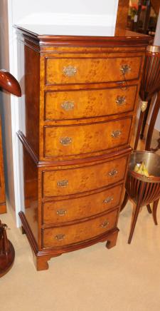 Regency Burl Walnut Chest on Chest Bow Front Commode 