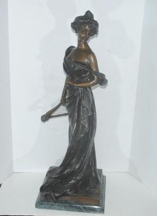 Bronze Harp Girl Figurine Statue Signed Van Dresteraten Lyre