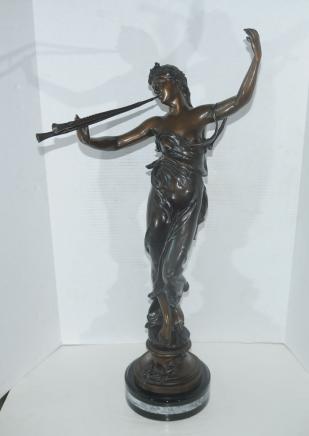French Bronze Female Statue Girl with Flute by Eug Mariston