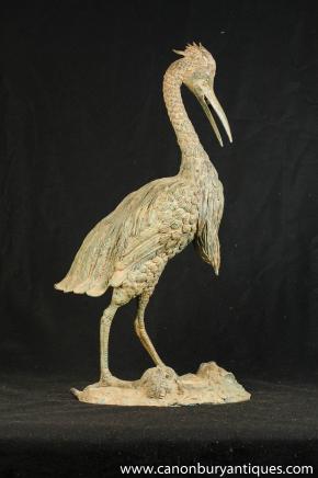 Large Bronze Japanese Stork Statue Birds Garden Art