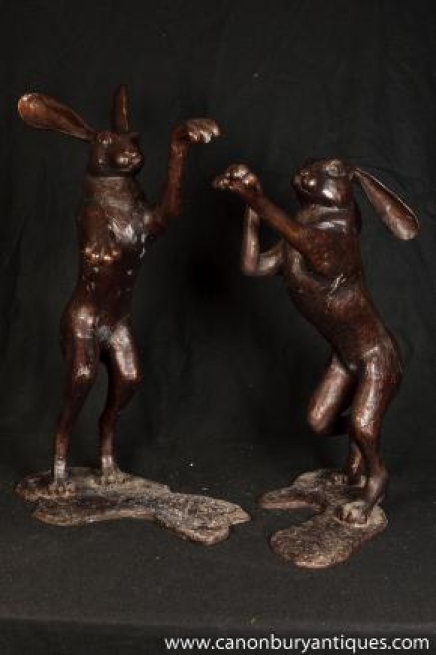 Large Pair Bronze Dancing Hares Hare Rabbit Statue Mating Ritual