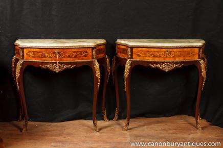 Pair Antique French Console Tables Napoleaon II Onyx Top Inlay