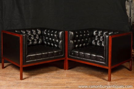 Pair Art Deco Box Club Chairs Arm Chairs Button Leather