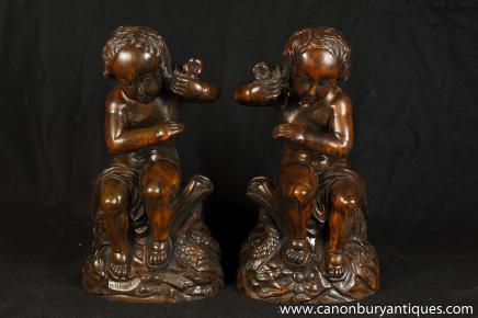 Pair Flemish Walnut Cherubs Kids Putti Hand Carved Figures