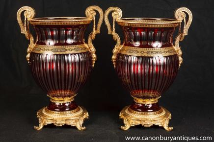 Pair French Empire Campana Urns Cut Glass Louis XV Ormolu