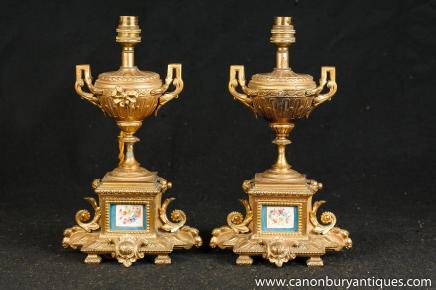 Pair French Sevres Ormolu Table Lamps Lights Gilt 