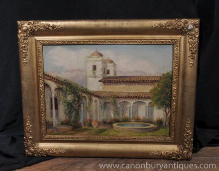 Antique Spanish Oil Painting Granada Moorish Courtyard Signed Alberto